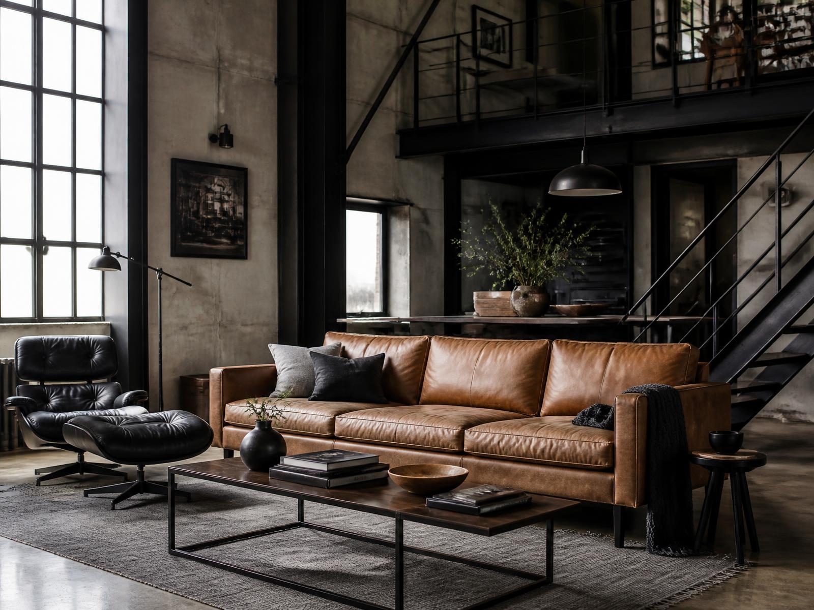 Industrial loft with cognac leather sofa